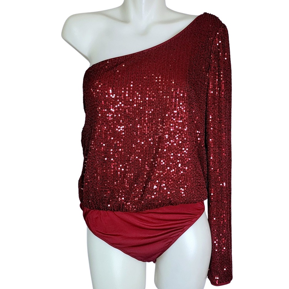 Lulus Burgundy Sequin One Shoulder Long Sleeve Bodysuit Large Party Holiday Glam